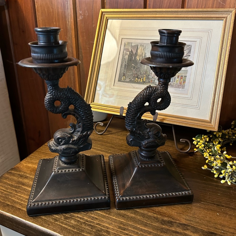Vintage koi candlestick pair with bronze finish, Asian decor, chinoiserie